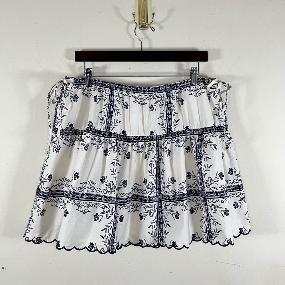 A New Day Floral Cotton Mini Skirt Adjustable Waist Scalloped Hem Cottagecore LG